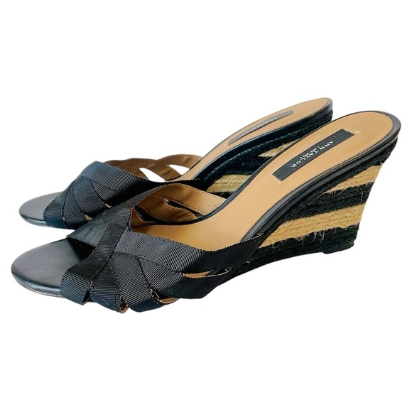 Ann Taylor Black Grosgrain Stripe Wedge Sandals Size 9.5 - Picture 1 of 7